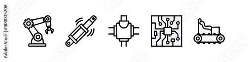 Outline icons of robotics and technology elements on a white background.