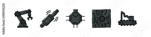 Filled dark grey icons of robotics and technology elements on a white background.