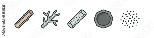 Colorized hand-drawn icons of natural elements and objects on a white background.