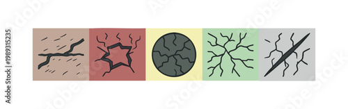 Colorized icons depicting cracks and fractures in colored blocks on a white background.