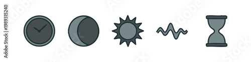 Colorized icons representing time and celestial bodies on a white background.