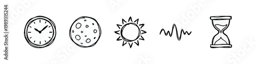 Hand-drawn icons representing time and celestial bodies on a white background.