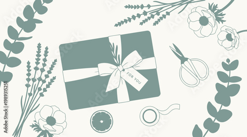 Beautifully wrapped gift box adorned with ribbon and tag, surrounded by delicate floral and eucalyptus elements, perfect for any special occasion