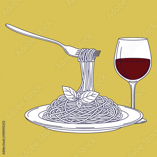 Illustration of spaghetti and wine on a yellow background