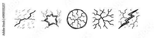 Hand-drawn icons depicting cracks and fractures on a white background.
