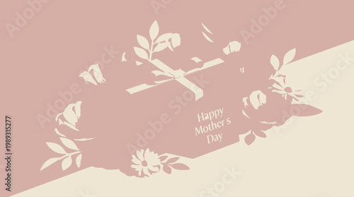 A soft, pastel-hued floral arrangement with delicate leaves and blossoms, encircling the words "Happy Mother's Day