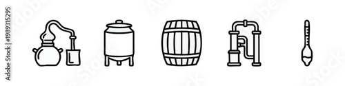 Distillation Equipment and Barrel Line Art Icons