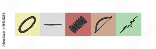 Colorized icons representing abstract shapes and forms on colored backgrounds.