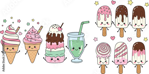 Cute ice cream characters kawaii cartoon popsicles cones dessert sweets vector illustration