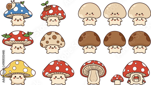 Cute mushroom characters set kawaii cartoon fungi with different caps vector illustration