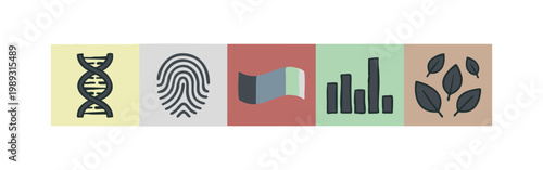 Icons on colored squares: DNA, fingerprint, flag, bar chart, leaves representing science, data, and nature