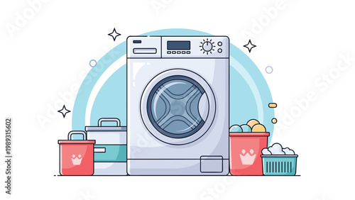 Modern white front loading washing machine surrounded by laundry baskets and cleaning detergent containers in a laundry room.