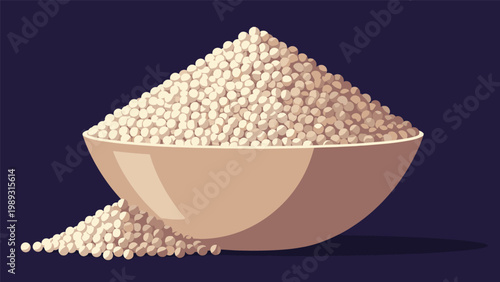 Large ceramic bowl filled with a high heap of small white grains or seeds against a dark purple background with soft shadows.