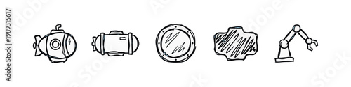 Doodle icons for underwater or marine technology: submarine, underwater vehicle, porthole, sonar, robotic arm