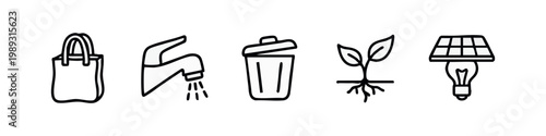 Line art icons for sustainability and eco-friendly living: tote bag, faucet, trash can, seedling, solar lamp