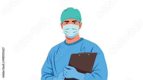 Medical surgeon wearing a blue uniform surgical mask and green scrub hat while holding a dark brown clipboard and document.