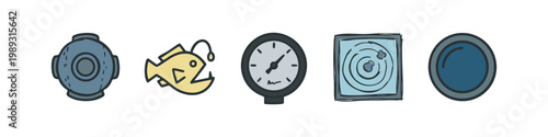 Cartoon icons for underwater exploration: diving helmet, anglerfish, pressure gauge, sonar, porthole