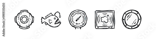 Doodle icons for underwater exploration: diving helmet, anglerfish, pressure gauge, sonar, porthole