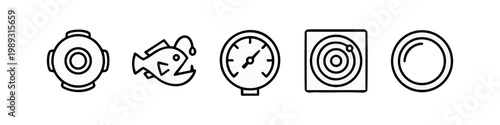 Line art icons for underwater exploration: diving helmet, anglerfish, pressure gauge, sonar, porthole