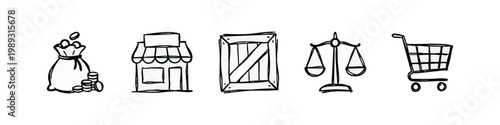 Hand-Drawn Icons: Money Bag, Store, Crate, Scales, Shopping Cart