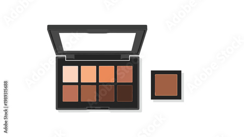 Professional eyeshadow palette with eight earthy brown and orange shades and a single separate powder container next to it.