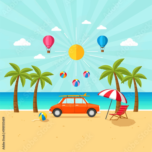 Beach scene with car palm trees hot air balloons and beach umbrella