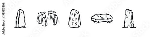 Collection of ancient stones with runes and megalithic structures