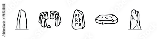 Set of ancient stones: standing stones, stone circle, rune stone, and altar