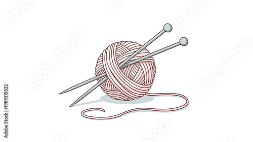Ball of pink wool yarn with two long knitting needles pierced through it on a clean white background for craft concepts.