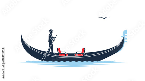 Traditional venetian gondola with a gondolier rowing through calm water under a clear sky with a single bird flying in distance.