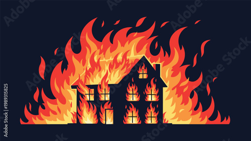 Silhouette of a large suburban house engulfed in intense orange and red flames against a dark background representing fire disaster.