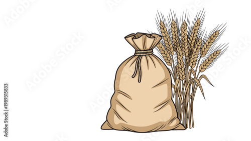 Large burlap sack tied at the top placed next to several stalks of ripe golden wheat symbolizing harvest and agricultural storage.