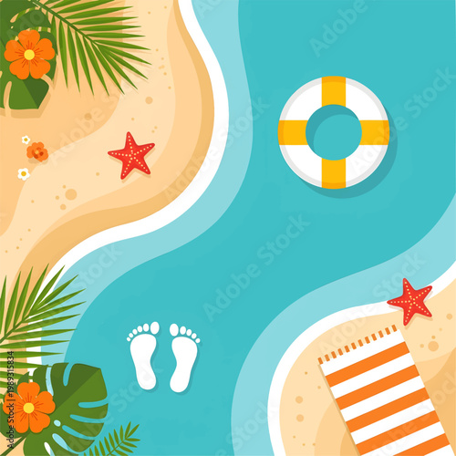 Summer beach scene with lifebuoy and towel on sandy shore