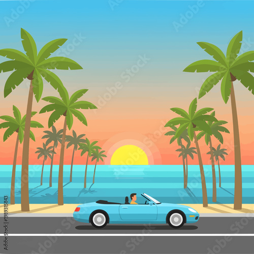 A light blue convertible car drives along a tropical beach road lined with palm trees at sunset