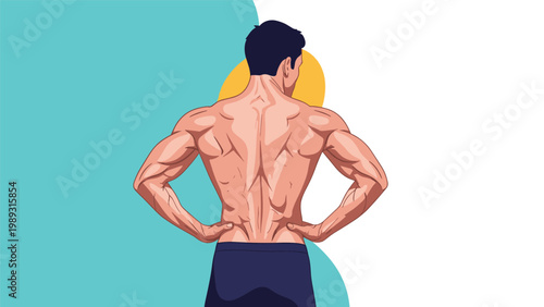 Rear view of a highly muscular shirtless man showing his back and arm muscles standing against a teal and yellow background.