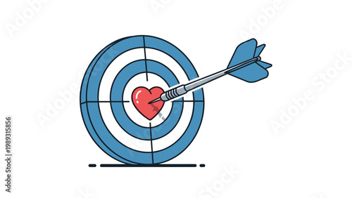 Sharp dart hitting the center of a heart shaped target on a blue and white bullseye representing love or goal achievement.