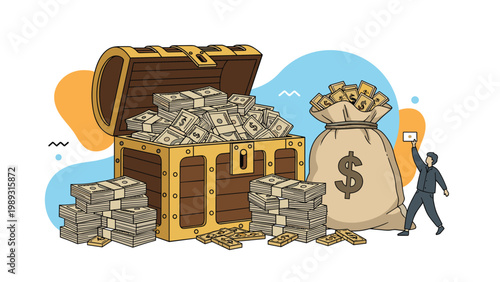 Large wooden treasure chest overflowing with stacks of cash next to a full money bag while a man holds a single currency bill.