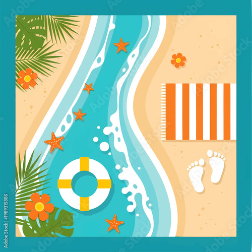 Beach scene with lifebuoy on sandy shore and tropical leaves