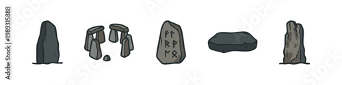 Color illustration of ancient stones: standing stones, stone circle, rune stone, and altar