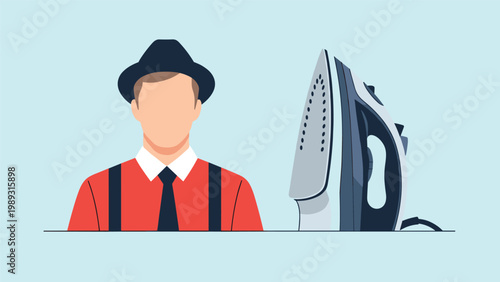 Stylish man wearing a fedora hat and red shirt standing next to a large steam iron representing professional laundry services.