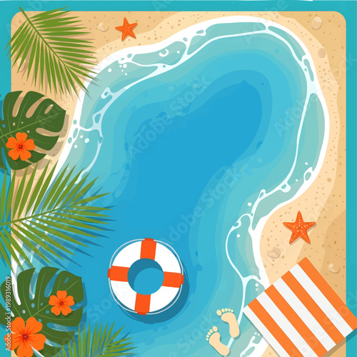 Tropical beach scene with swimming pool and lifebuoy