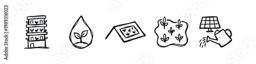 Set of hand-drawn agriculture and farming icons: vertical farm, water drop, seedling, field, solar panel watering