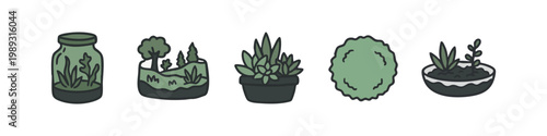 Color icons of terrarium and plant elements: jar, landscape, pot, plant, moss