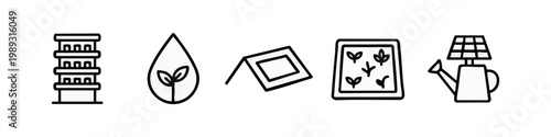 Line art icons of agriculture and farming: vertical farm, water drop, seedling, field, solar panel watering