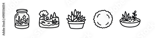 Line art icons of terrarium and plant elements: jar, landscape, pot, plant, moss