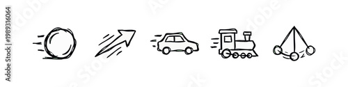 Collection of motion and physics icons: rolling ball, arrow, car, train, pendulum