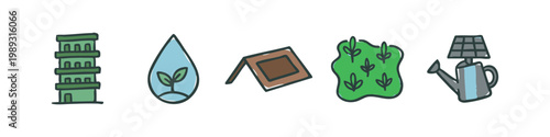 Color icons of agriculture and farming: vertical farm, water drop, seedling, field, solar panel watering
