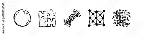 Set of hand-drawn connection and structure icons: circle, puzzle, knot, grid, weave