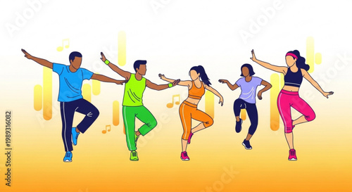 Diverse group of people dancing together in a vibrant fitness class with energetic movements and colorful outfits on a gradient background