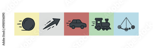 Color icons illustrating motion and physics concepts: rolling ball, arrow, car, train, pendulum
